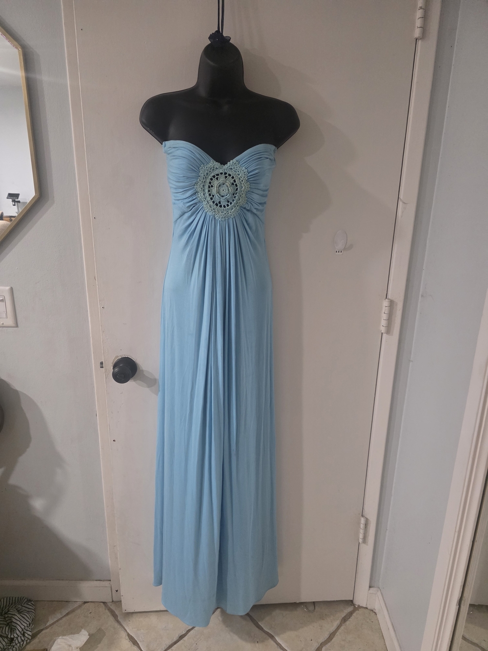 Sky Light Blue Strapless Maxi Dress with Crochet Rosette SMALL